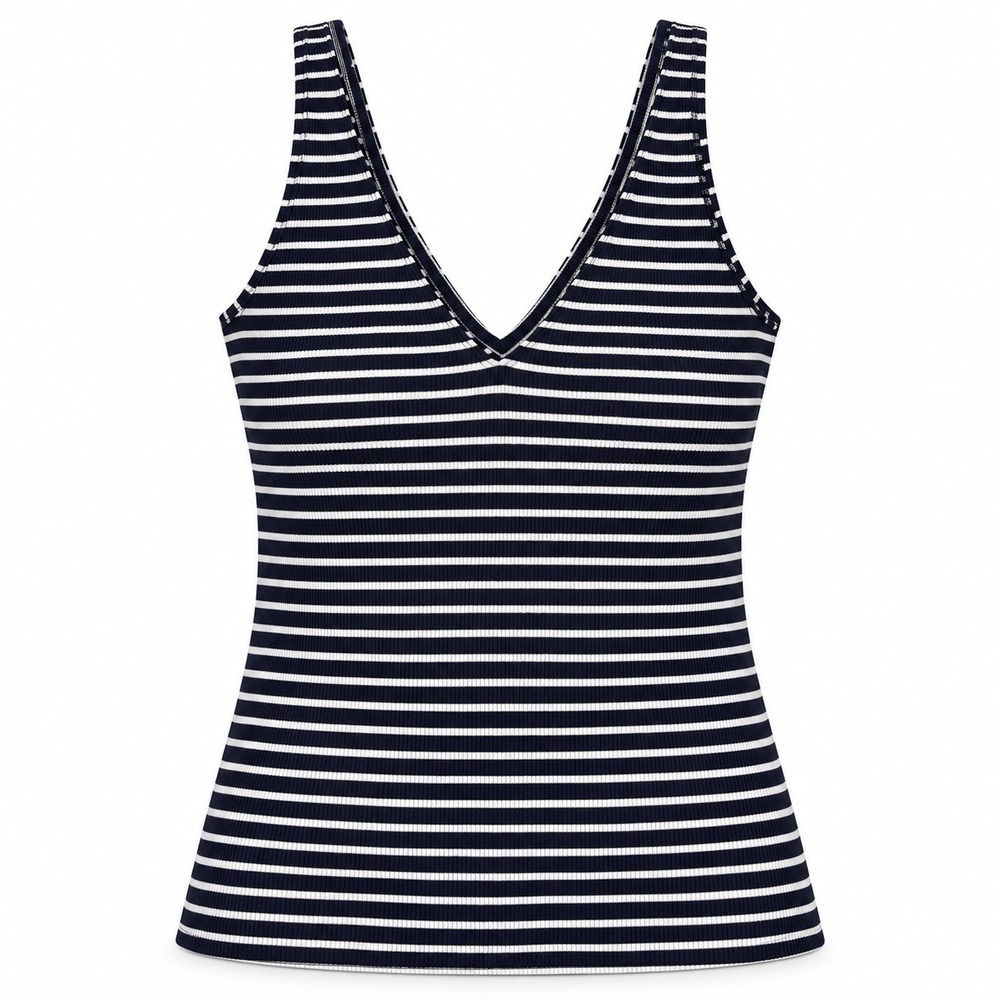 Express One Eleven Womens Navy Blue White Striped Ribbed V-Neck Tank Top Large